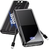 CFIAI Portable Charger 15000mAh Slim Power Bank with Built in Cables | 22.5W Fast Charge, Travel Essential, 50% Larger Capacity USB C Battery Pack for iPhone Samsung Google Android, Black