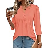 IECCP 3/4 Length Sleeve Womens Tops Dressy Casual Henley V-Neck Summer Tops Pleated T-Shirts Loose Fit Work Blouses