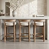 LukeAlon Mid Century Linen Counter Stools Set of 3, Upholstered 26.5" Seat Height Low Barstools with Natural Wood Legs Round 