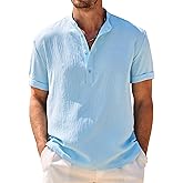 COOFANDY Men's Casual Henley Shirt Band Collar Short Sleeve Shirt Summer Beach Hippie T-Shirt