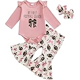 KMBANGI My First Football Season Baby Girl Clothes Ruffle Sleeves Bow Embroidered Romper Flare Pants Infant Game Day Outfit
