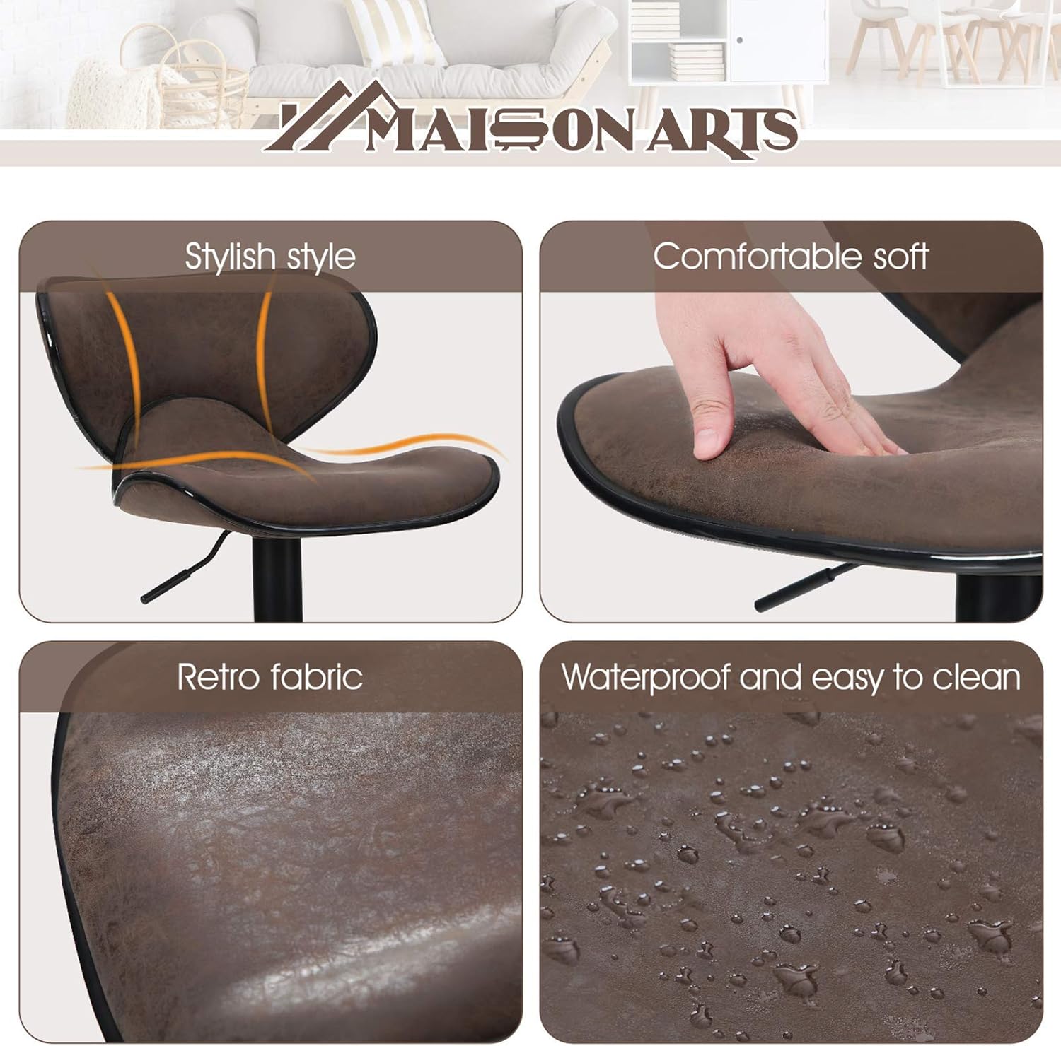 MAISON ARTS Counter Height Bar Stools Set of 2 Swivel Adjustable Barstools with Back for Kitchen Counter Tall Bar Height Chairs Faux Leather High Stools for Kitchen Island,300 LBS Bear Capacity,Brown: Kitchen & Dining