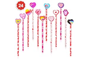 Konsait 2 Dozen (24) Valentine Pencils Assortment with Giant Eraser Topper Decorated with Love Hearts, Candies, Stars for Valentine's Day accessories Party Bag Goodie Bag Filler Favor Supplies Teacher