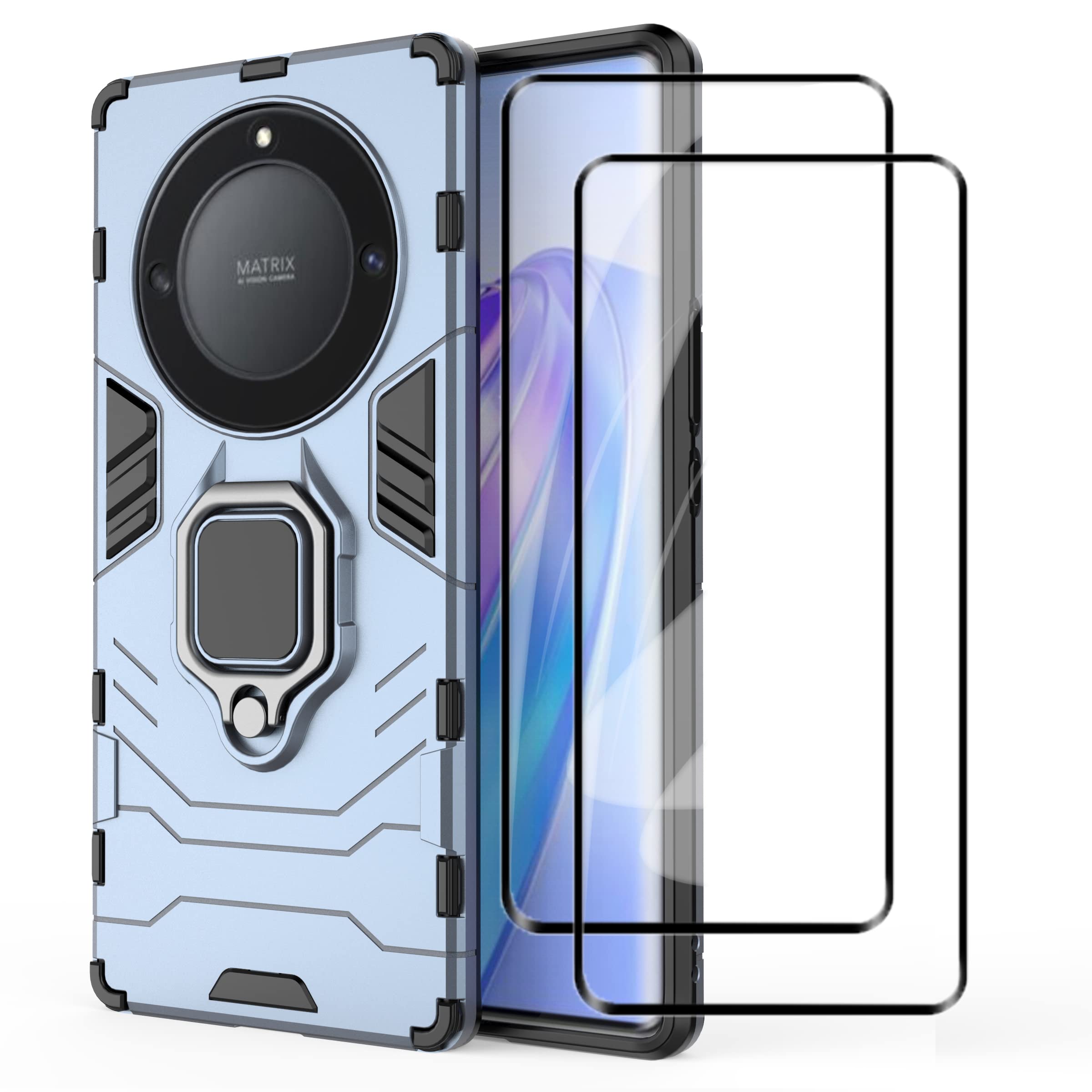 DEDUX Case + [2 Pack] Screen Protectors for Honor Magic 5 Lite 5G (Magic5 Lite) / X9a, Rugged PC TPU Bumper Cover With Ring Holder. Navy blue