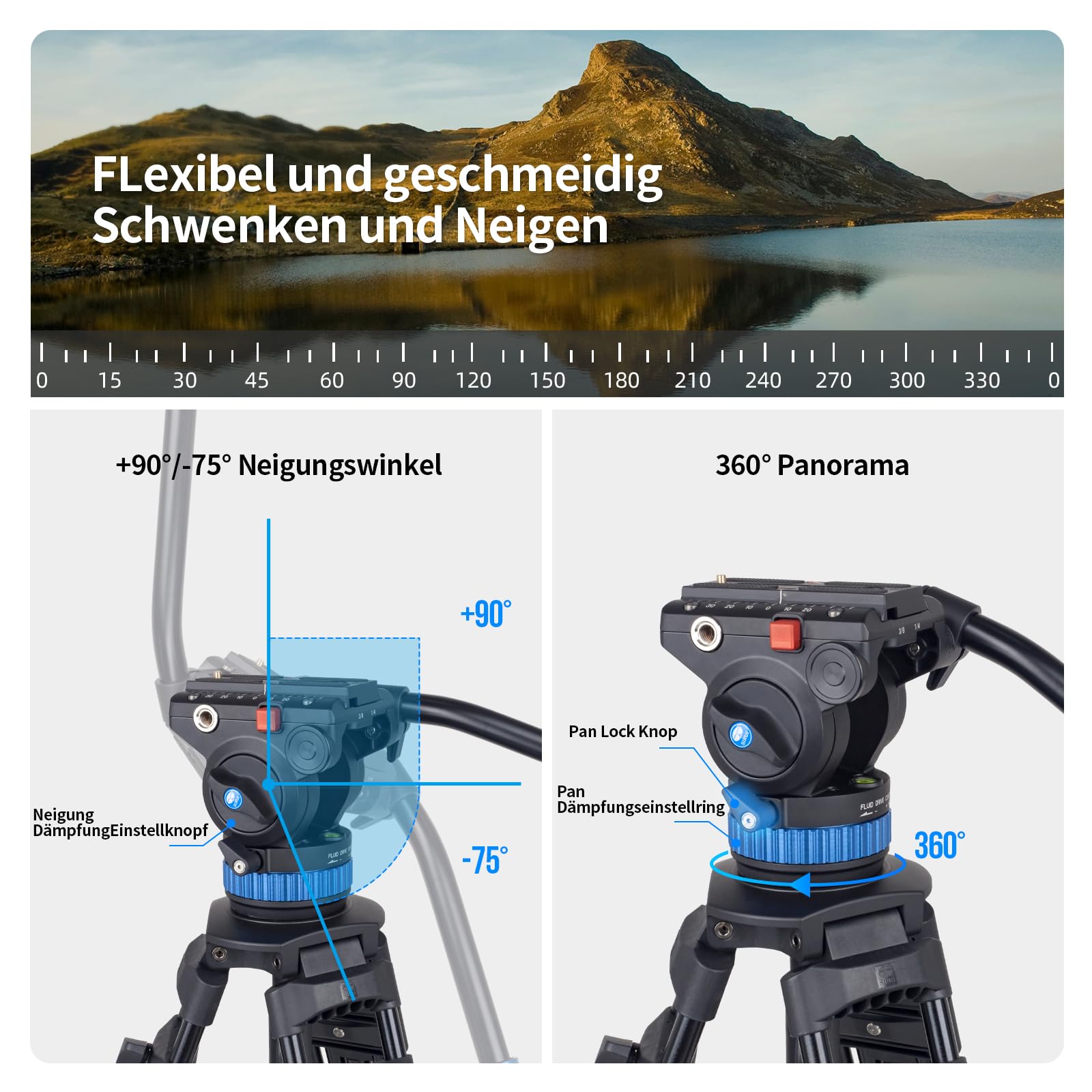 SIRUI Profi Videostativ mit Fluidkopf AM-25S, 190cm professionelles Aluminium Dreibein-Stative für Camcorder Kameras DSLR, Max Belastung 10KG 5