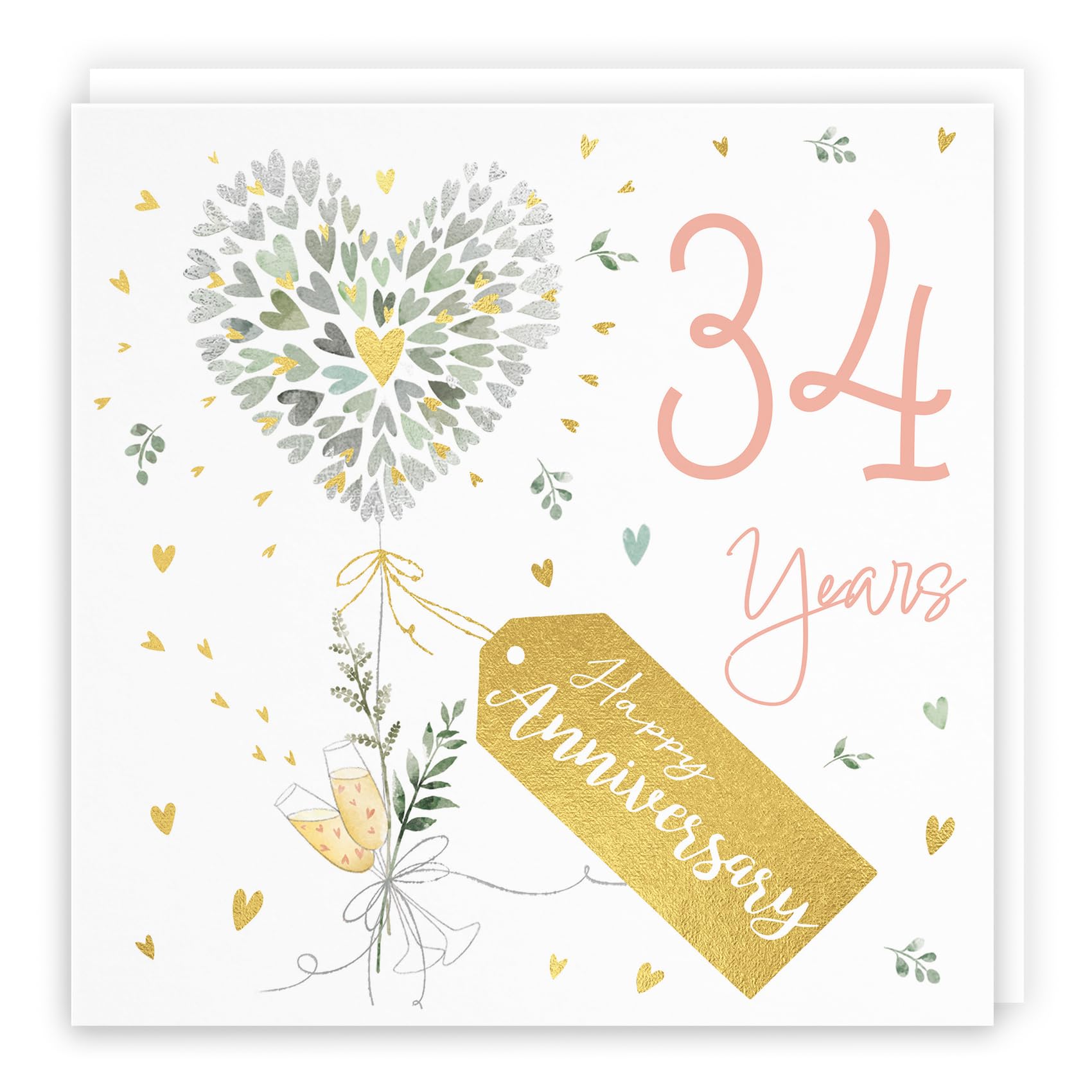 Hunts England - 34th Anniversary Card - 34 Years - Contemporary Hearts - Gold Foil - 34th Wedding Anniversary Card For Couples, Partner, Husband, Wife, etc. - Milo's Gallery