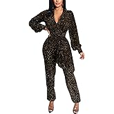 DinyIn Women's Sparkly Jumpsuits Clubwear One Piece Deep V Neck Long Sleeve Pants Rompers with Belt