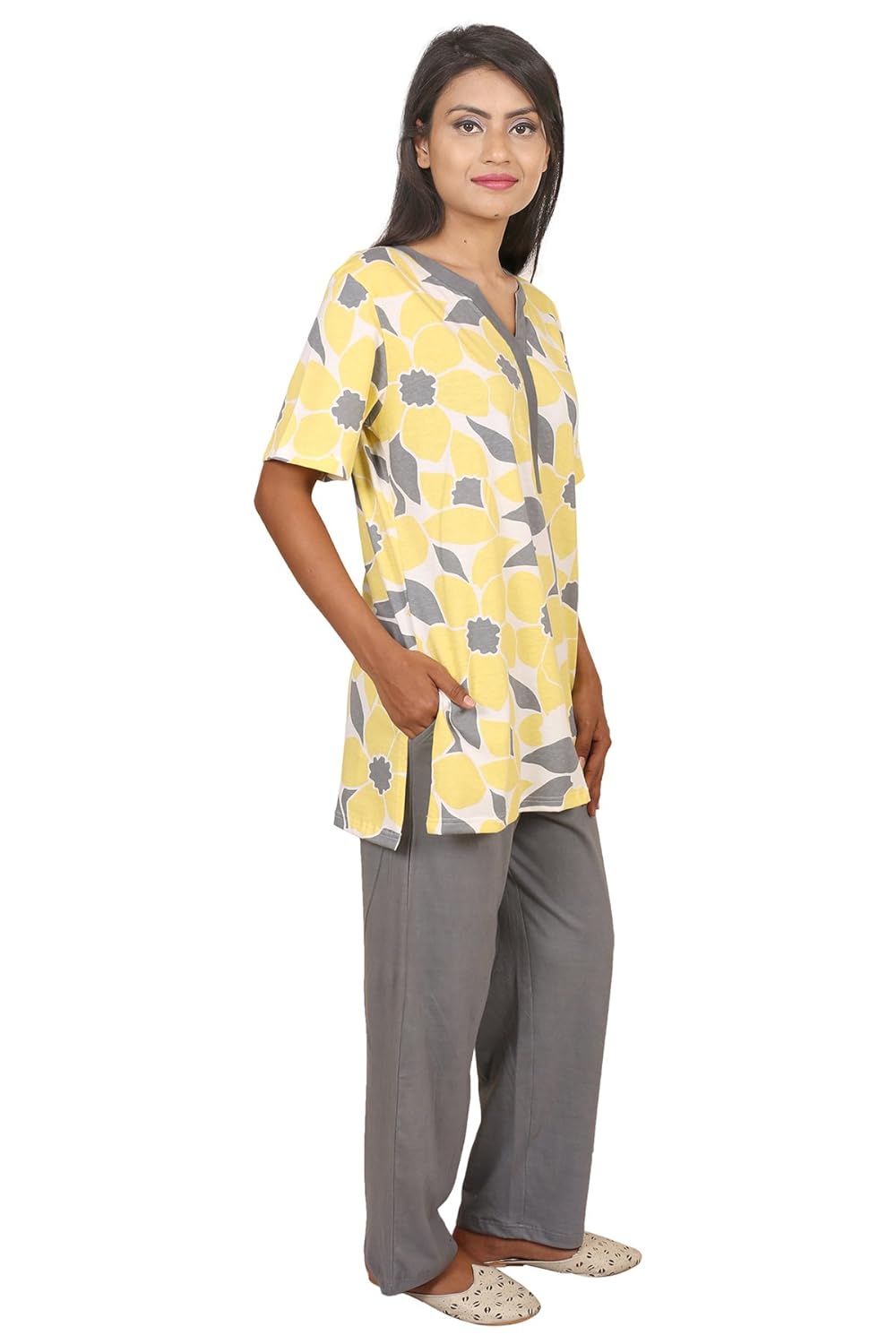 9teenagain women's floral print hosiery nightsuit(yellow & grey)