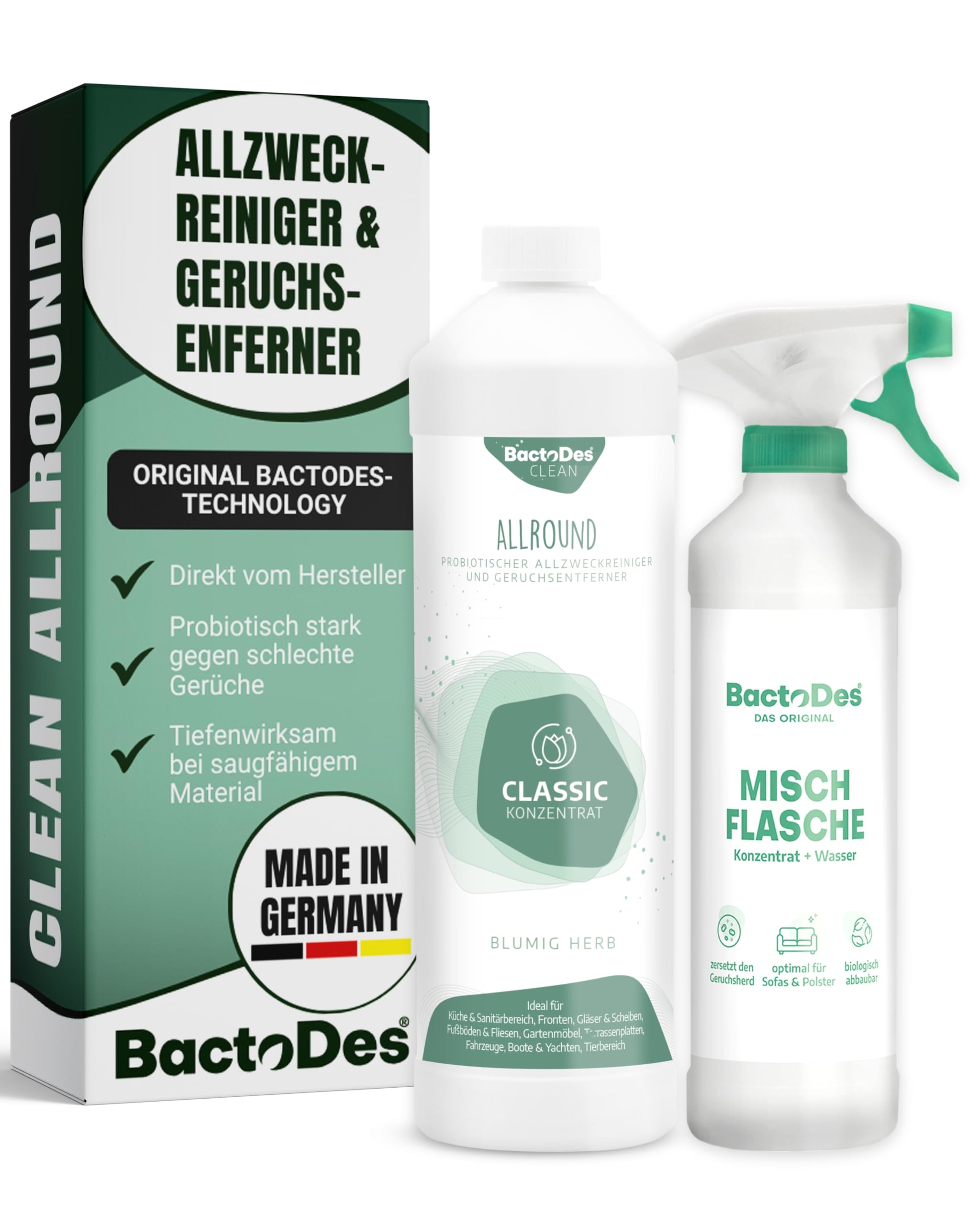 BactoDes - Clean Allround CLASSIC probiotischer Allzweckreiniger 1L Konzentrat mit Sprayflasche - Spezial Enzymreiniger mit bio Mikroben-Wirkung - Effektiver Geruchsneutralisierer & Geruchsentferner