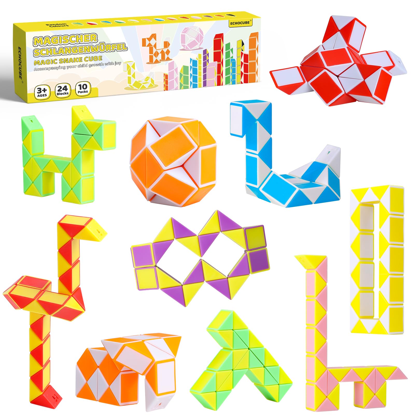ECHOCUBE Magic Snake Cube, 10 Pack 24 Blocks Speed Cube Party Bag Fillers, Twist Snake Puzzle Toys, Party Favours for Kids (Random Color)