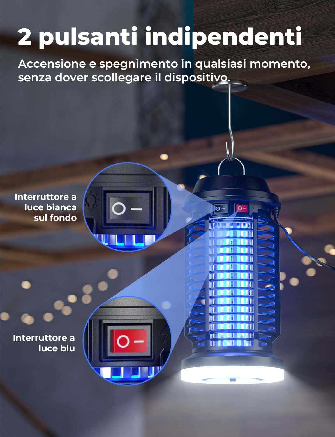 YISSVIC Elektrischer Insektenvernichter 4200V Mückenlampe 15W mit UV-Licht und LED-Beleuchtung Zwei Separate Schalter Wasserdicht IPX4 geeignet für außen und innen 28 x 13.5cm 4