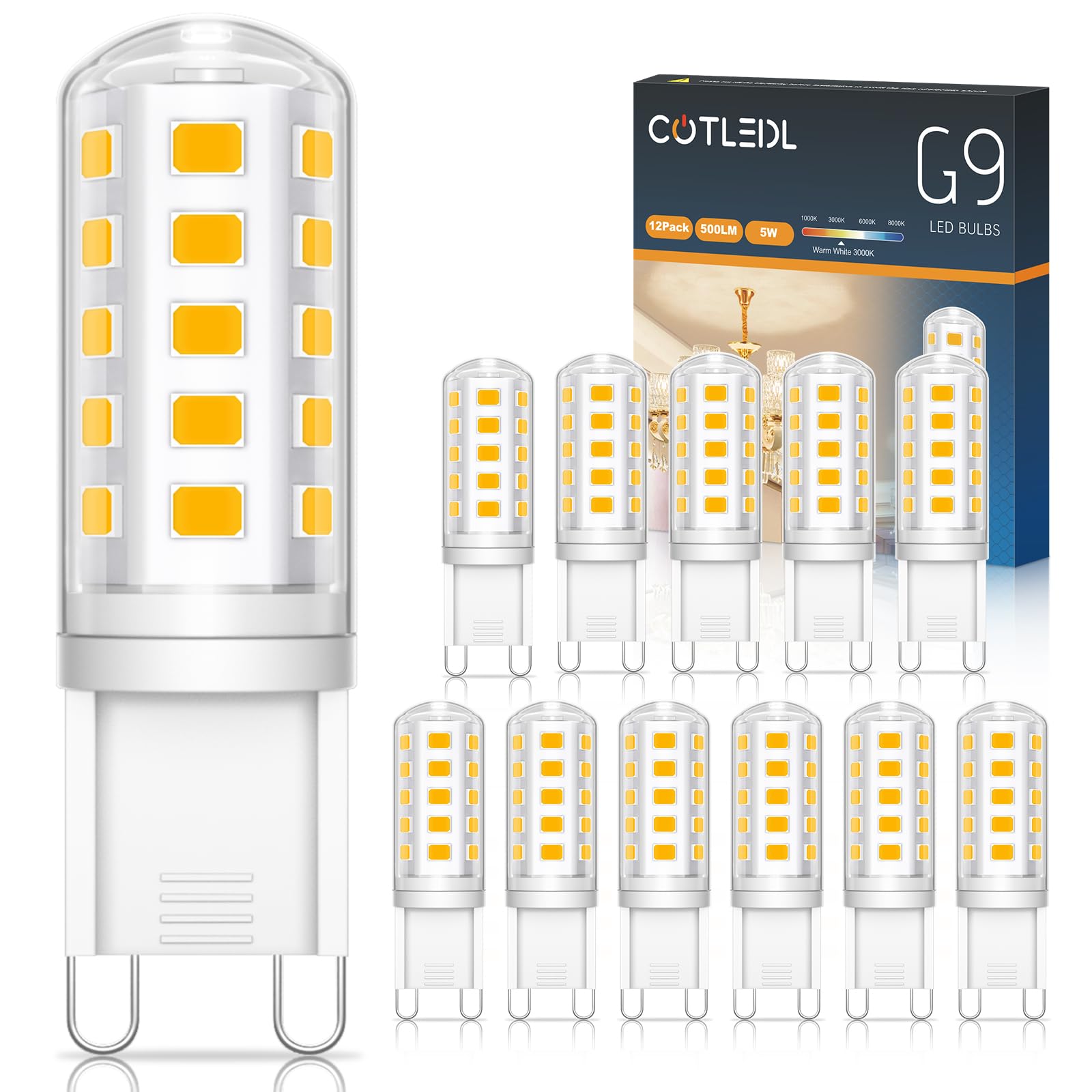 COTLEDL G9 LED Bulbs Warm White 3000K,5W,500LM,Equivalent 50W Halogen Bulb,No Flicker Non-Dimmable G9 Bulb Energy Saving Bulbs for Home Lighting Decor 12-Pack