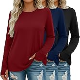 Evervibe 3 Pack Women's Cotton Plus Size Tunic Tops Thumb Hole Crew Neck Long Sleeve Shirts Casual Loose Y2k Trendy Outfits