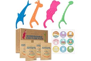 TRUEOCITY Biodegradable Kids Flossers -200 Pack, Natural Kids Floss Picks, Fluoride Free, Biodegradable Floss Pick, Organic Animal Dental Floss Picks, Dental Floss Sticks - 4 Fun Animal Designs