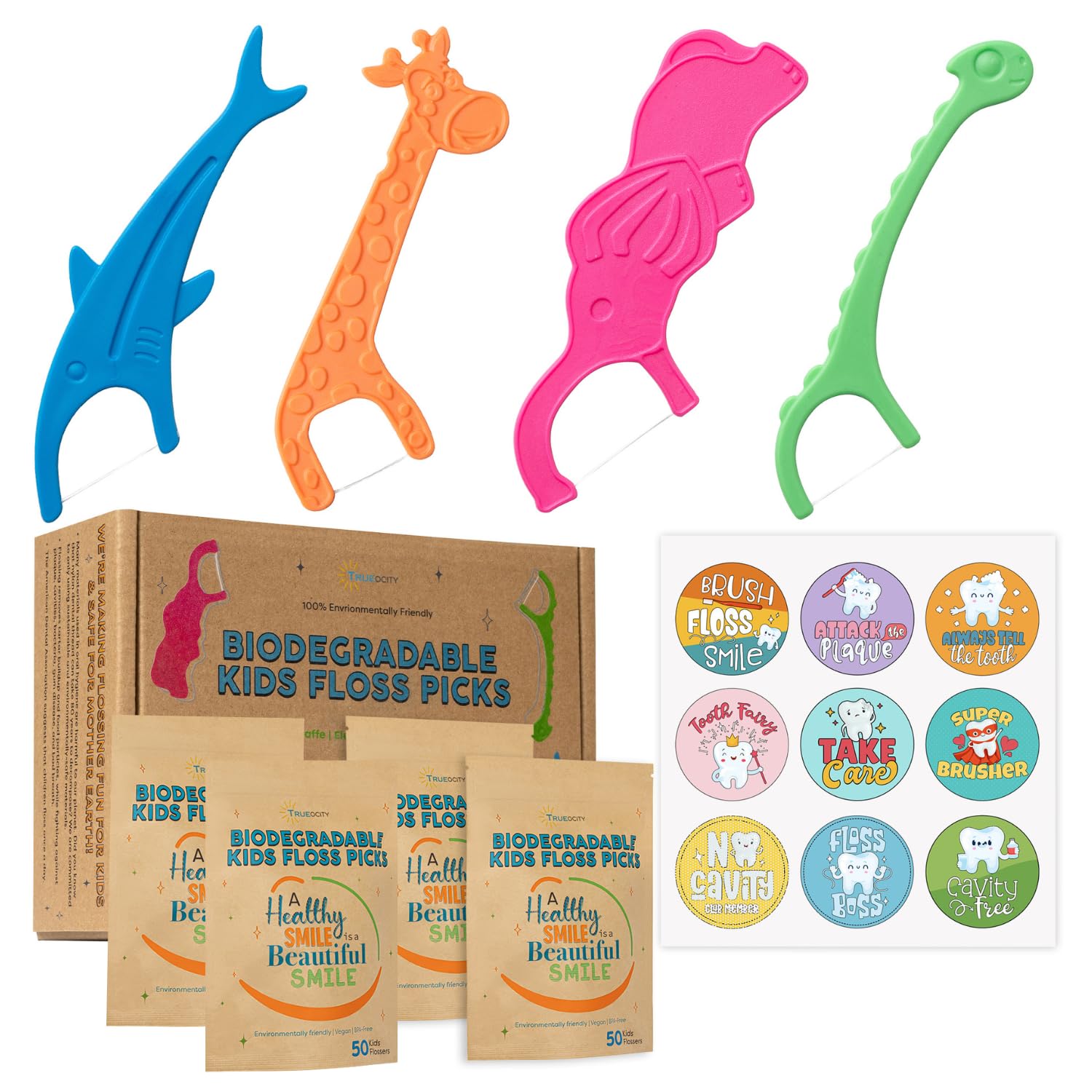 Truoecity 200 Kids Toothpicks for Boys and Girls, Kids Floss Picks, Tooth Floss Sticks for Children, Cute Animal Shape Kid Dental Flossers, Cleaning Flossing Sticks, 4 Pack (50 Teeth Flossers Each)