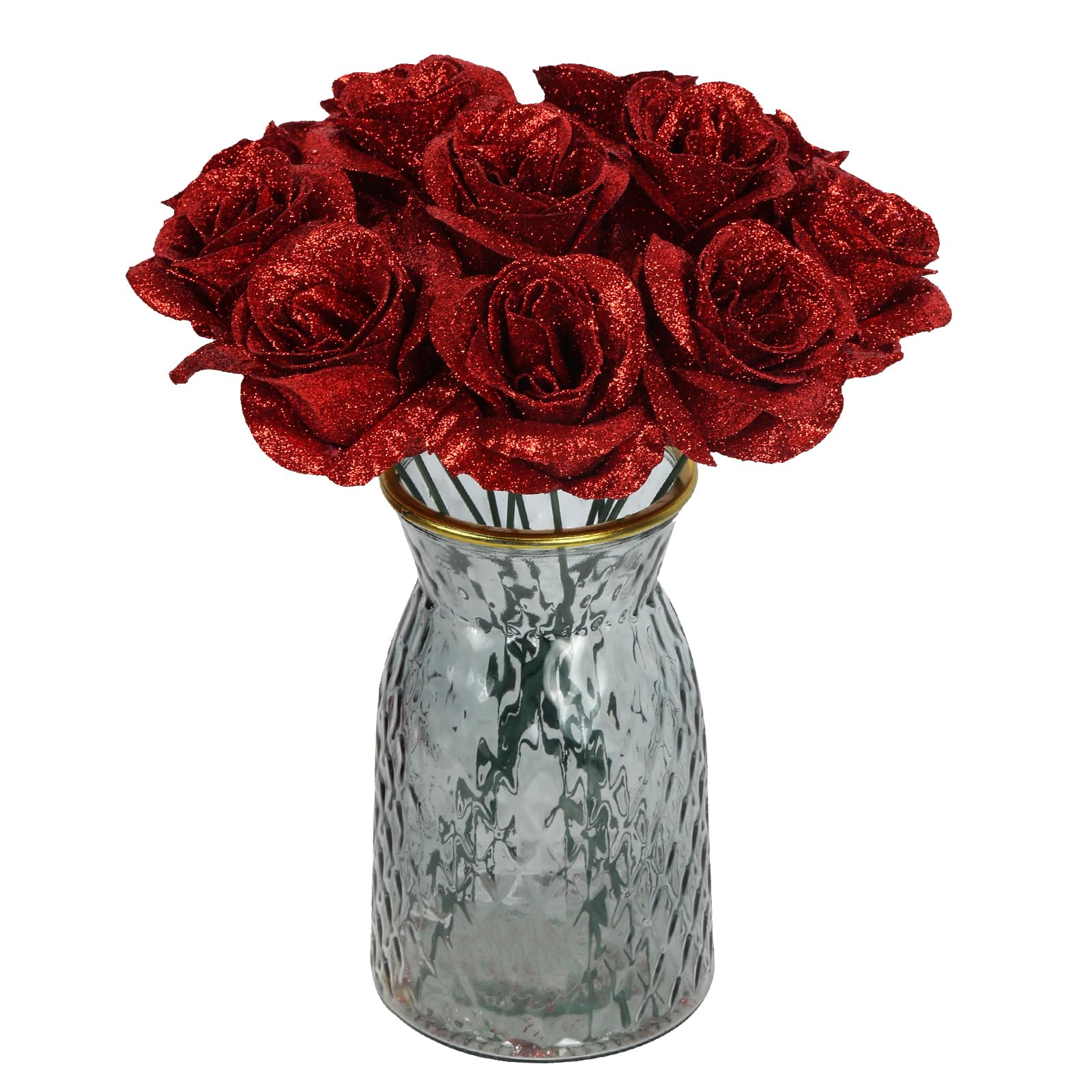 Photo 1 of Glitter Roses,30PCS Fake Red Roses Glitter Flowers Bouquet Artificial Roses with Stems for DIY Crafts Wedding Bouquet Party Home Decor(Red)