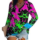 Glow in Dark Splatter Neon Women's V Neck T Shirts Tops Shirts Long Sleeve for Party Travel
