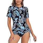 LURANEE Womens Short Sleeve Rash Guard Shirts UPF 50+ Side Adjustable Wetsuit Swimsuit Top S-XXL