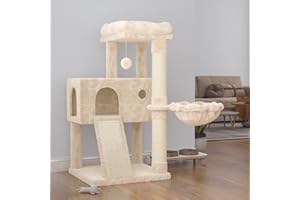 SHA CERLIN Cat Tree 36 Inches Cat Tower with Hammock, Sisal Scratching Post for Indoor Kittens, Small Room, Beige