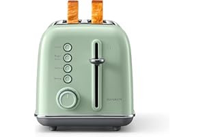 BUYDEEM DT620 2-Slice Toaster, Extra Wide Slots, Retro Stainless Steel with High Lift Lever, Bagel and Muffin Function, Removal Crumb Tray, 7-Shade Settings,Cozy Greenish
