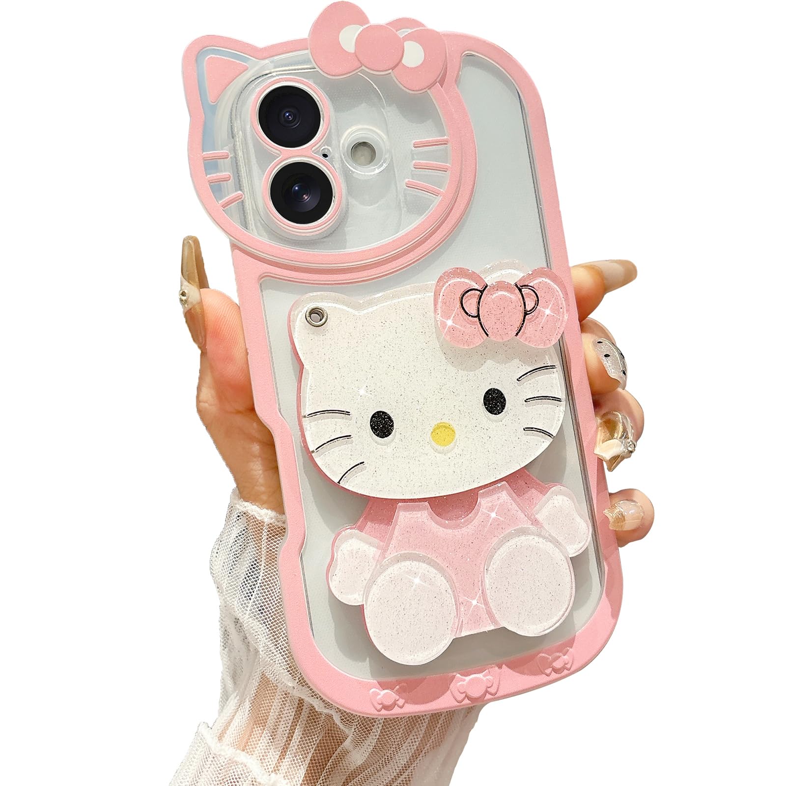 Steuscey for iPhone 16 Cute Cartoon Case, 3D Bow Funny Kawaii Cartoon Cat Case with Mini Makeup Mirror for Girls Women Soft Silicone Clear Shockproof Phone Cover for iPhone 16 6.1 inch, Pink