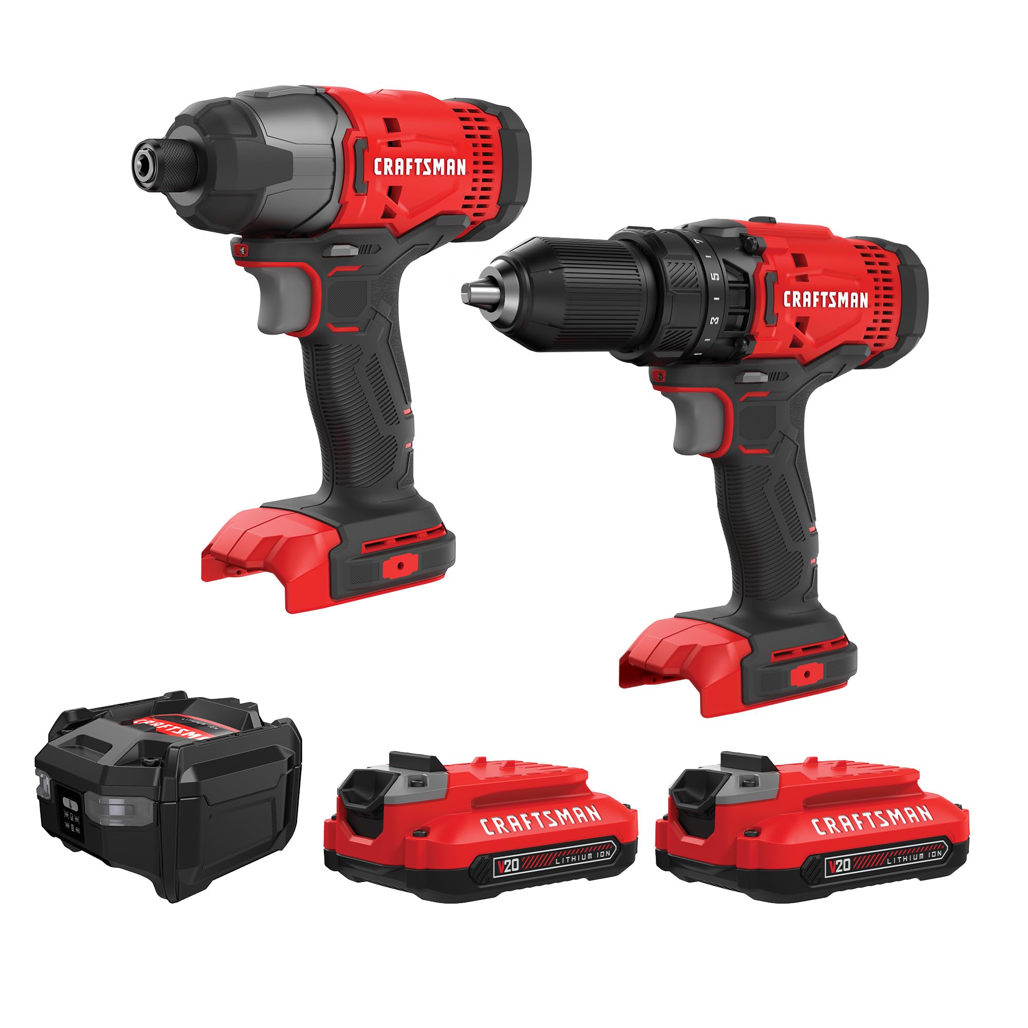 CRAFTSMAN V20 MAX Juego de taladro atornillador y destornillador de impacto inalámbrico, juego de herramientas eléctricas con 2 baterías y cargador, luz de trabajo LED, 2 puntas, bolsa (CMCK200C2)