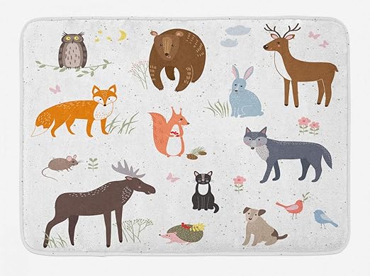 Amazon Com Lunarable Cabin Bath Mat Animals In The Springtime Meadow Childish Woodland Fauna Kids Baby Room Nursery Plush Bathroom Decor Mat With Non Slip Backing 29 5 X 17 5 Brown White Kitchen