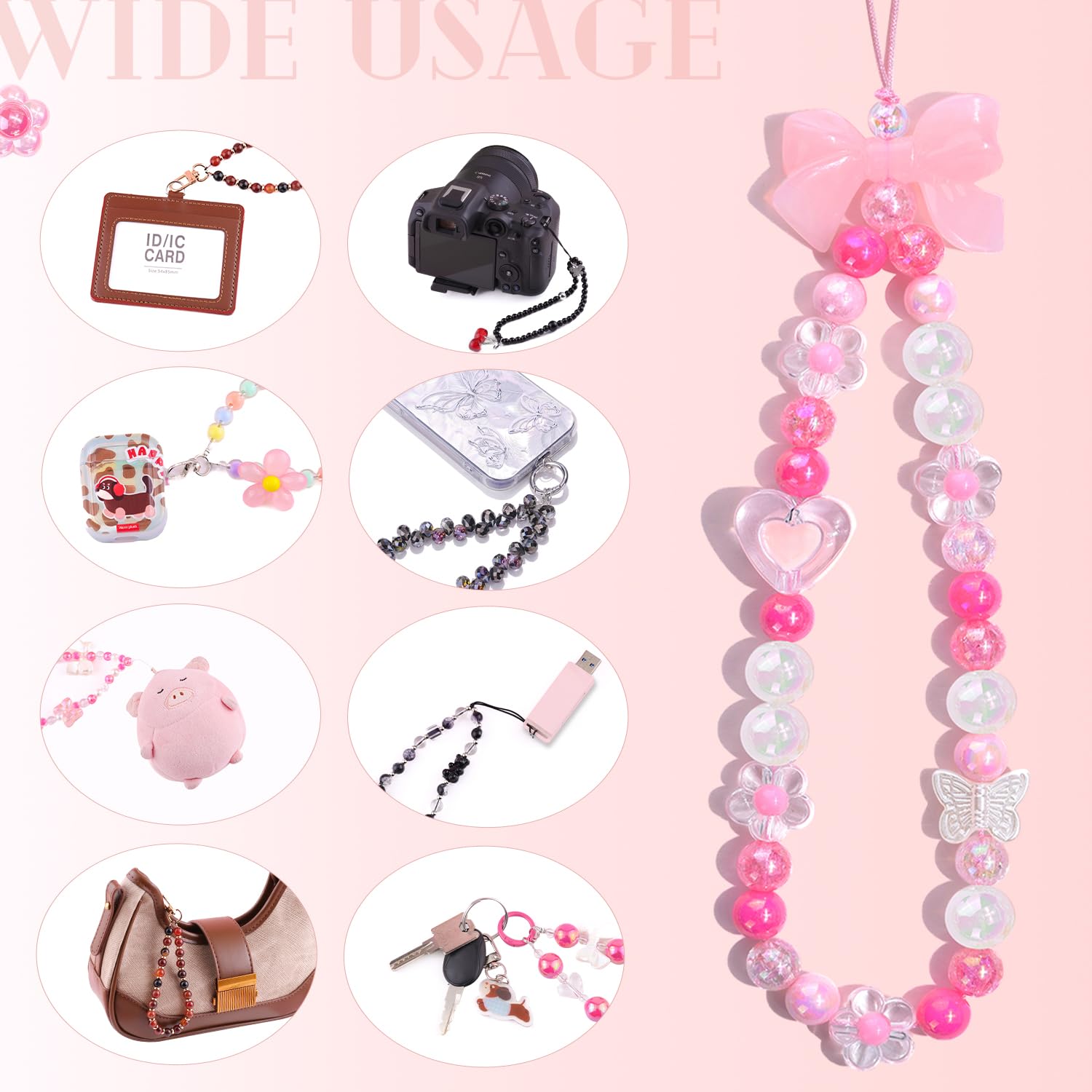 4 PCS Cute Phone Charms Aesthetic Y2K Cellphone Wrist Strap Bedazzling Bear Bow Butterfly Heart Star Flower Accessories Pink Beaded Anti-Theft Chain String for Bag Keychain Airpods Decor