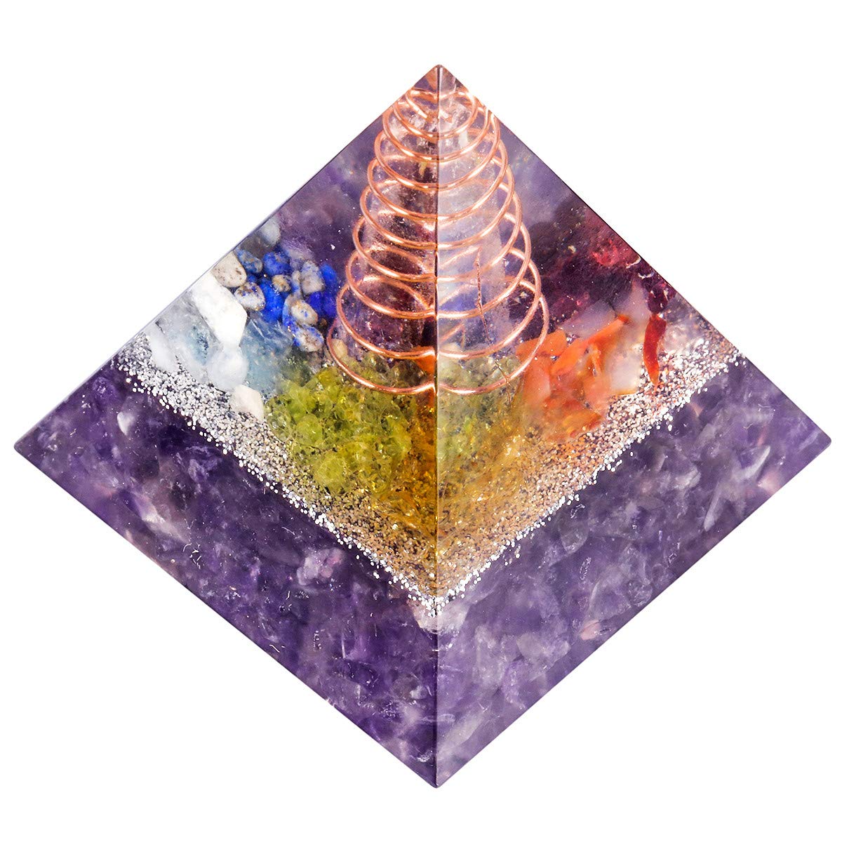 mookaitedecor Natural Amethyst Chakra Crystal Pyramid Aesthetic Room Desk Decor, 5cm Small Copper Resin Colourful Quartz Stone Pyramid Spiritual Chakra Crystal Gift for Reiki Chakra Balancing