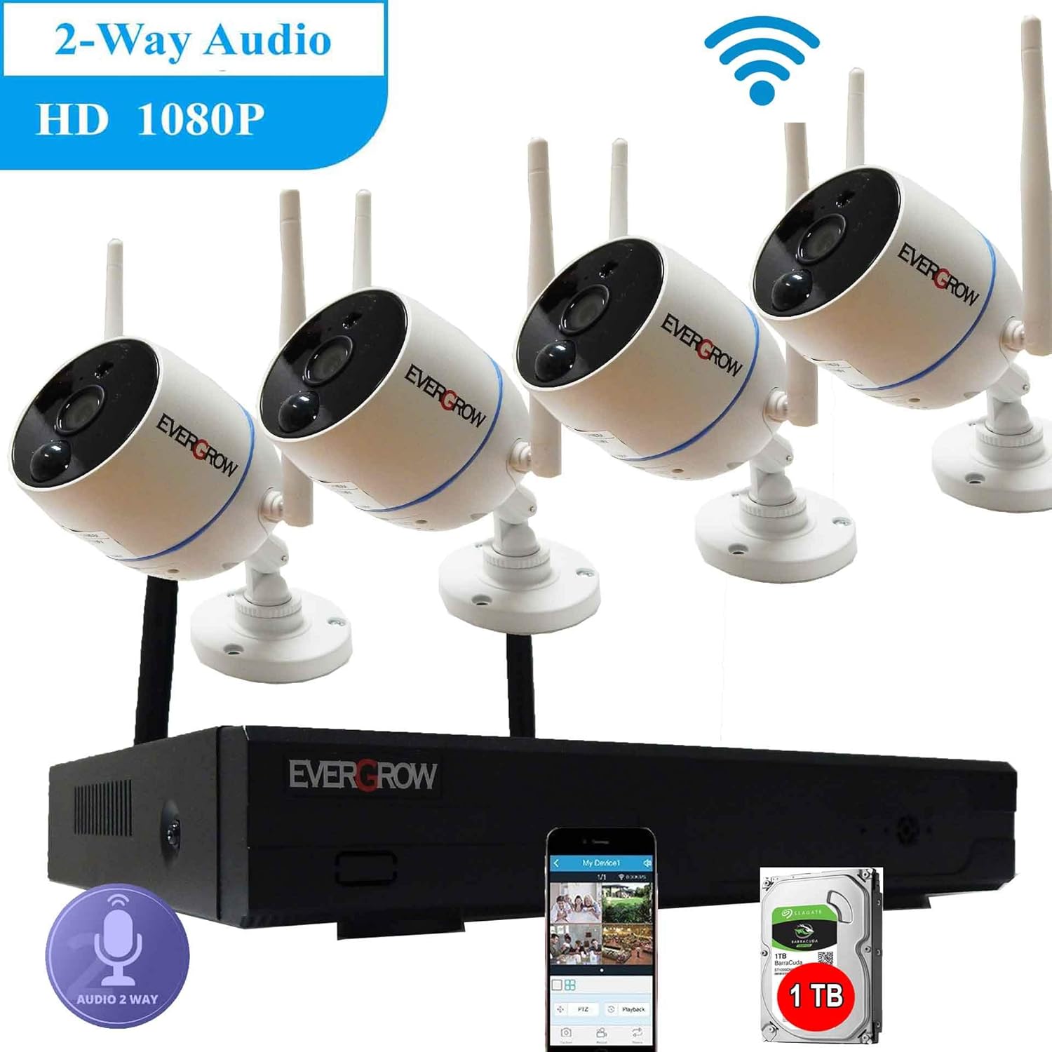 EVERGROW 8 Channel H265+, 1080P, 2-Way Audio, PIR, Security Camera System with 4pcs Wireless IP Security Camera, 1TB Hard Drive Pre-Installed, Plug and Play(CAM-WIFI-4CH-A-2MP-22)