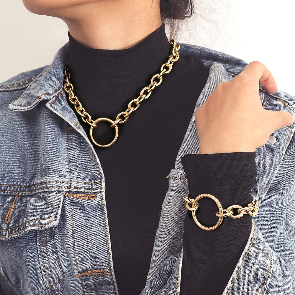 Huture Retro Punk Style Hip Hop Costume Jewelry Snake Curb Turnover Chain Necklace Bracelet Set Fully Adjustable Durable Strong Removable Delicate for Men Women, Gold : Clothing