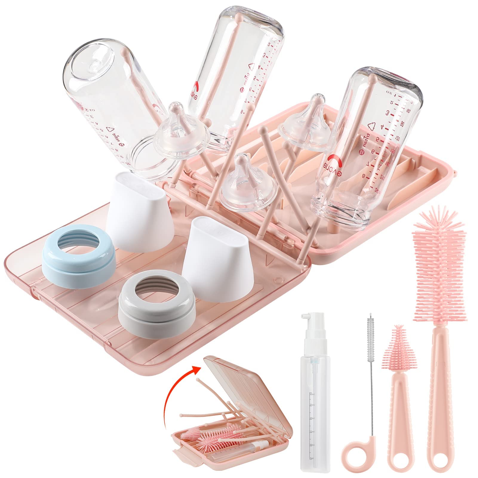 Photo 1 of 6 in 1 Baby Bottle Cleaner Set with Drying Rack,Silicone Baby Bottle Brush,Straw Brush,Nipple Brush,Soap Dispenser and Storage Box, Portable Baby Essentials for Home&Travel(Pink)