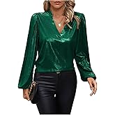 Floerns Women's Lantern Long Sleeve Notched Neck Metallic Party Blouse Top