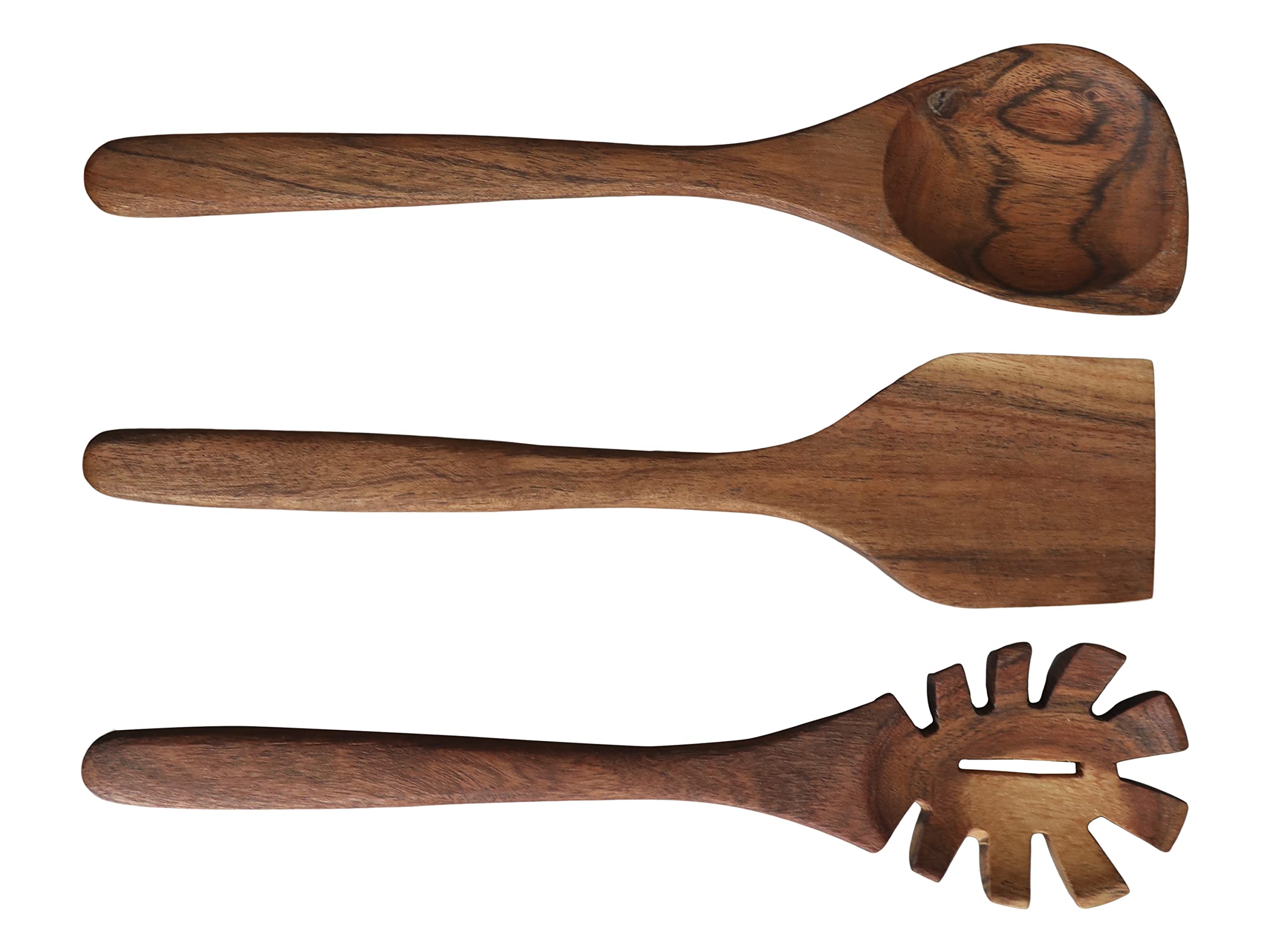 Laon Kitchen Utensils Set of 3 Acacia Wood Spatula Serving Spoon Mixing Spoon Spaghetti Spoon Height 1.5 x Length 31 x Width 7.5 cm Natural