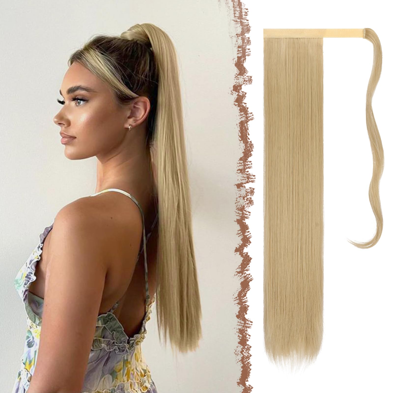 FESHFEN Straight Ponytail Extensions Long Wrap Around Ponytail Synthetic Clip in Pony Tail Hair Extensions Pale Golden Blonde & Bleach Blonde Hairpiece for Women, 28 inch