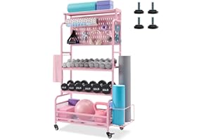 LAUREN HAROLD 56'' Taller Home Gym Storage Organizer, Yoga Mat Storage Rack with Hanging Board, Exercise Workout Equipment Storage Stand for Home Gym, Dumbbell Holder Kettlebell Rack with Wheels and Hooks