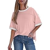 Dokotoo Summer Tops for Women 2026 Loose Oversized T Shirts Crewneck Color Block Side Slits Basic Tee Blouses