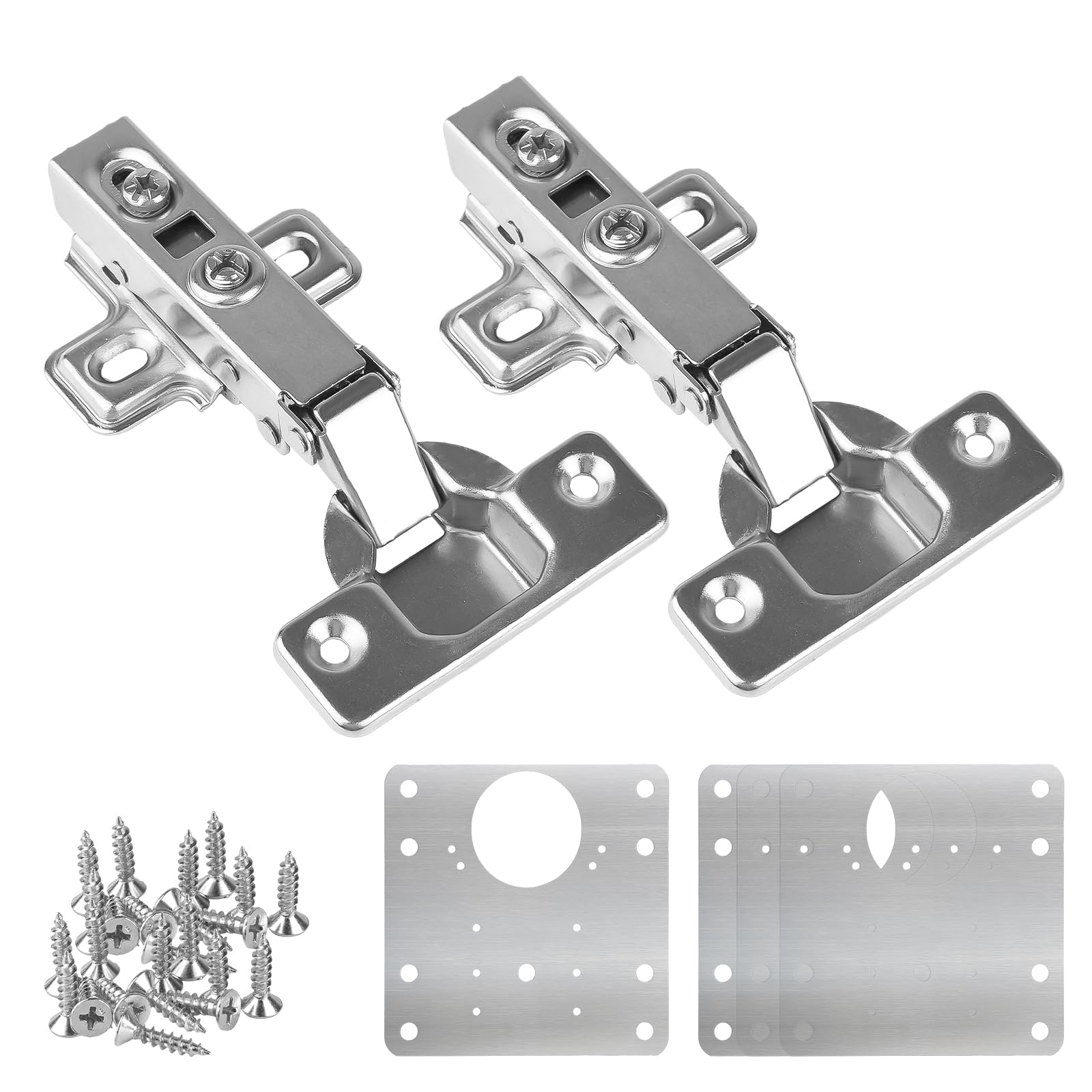 2 Pieces Stainless Steel Hydraulic Damping Hinges, Standard Hinge with Cabinet Door Repair Plate, Integrated Soft Close Automatic Hinges for Kitchen Cabinet Wardrobe Doors