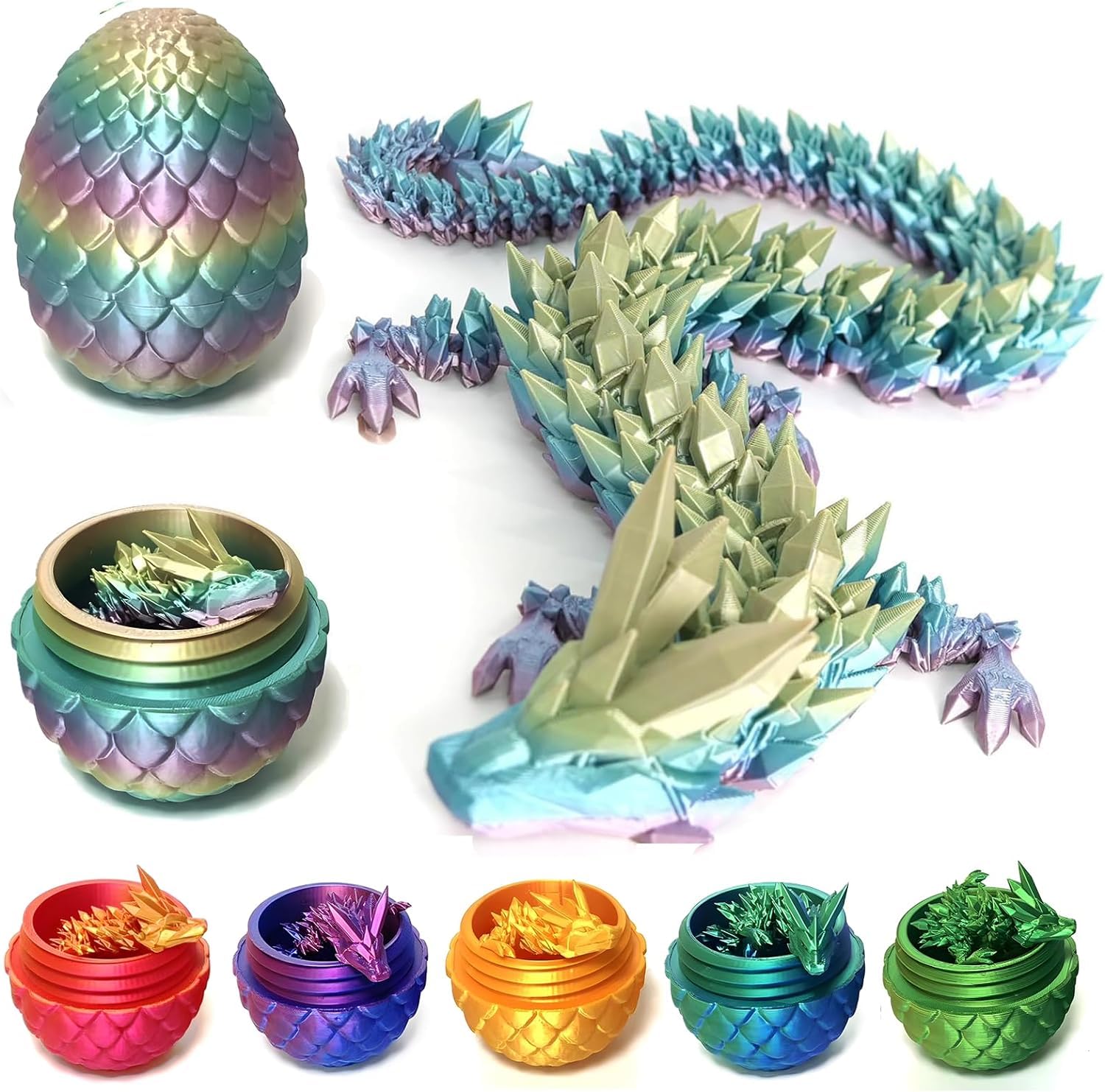 3D Printed Dragon Egg, Dragon Egg with Dragon Inside 3D Printed Fidget Toy, 3D Print Surprise Animals Toy for Kids and Adults (Rainbow Color)