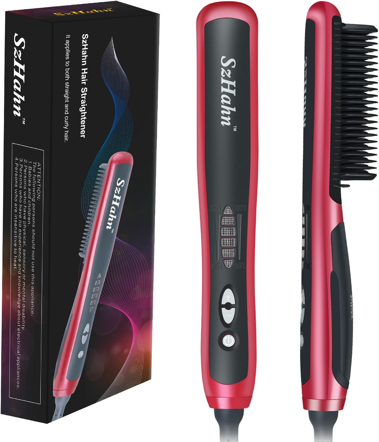 Hair Straightening Brush, SzHahn Hair Brush Straighteners - Ceramic Heated Brush Detangling Styling Anti-scald Patented Design/Electric Straighteners Comb,Hair Straightener -Red …