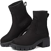 ziitop Women Platform Chelsea Boots Fashion Elastic Ankle Booties Lug Sole Chunky Block Heel Leather Fall Boots Ladies