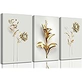 3Pcs Abstract Golden Flower Canvas Wall Art Modern Luxury Minimalism Nordic Floral Plant Painting Picture Wall Decor Poster Print Artwork for Living Room Bedroom Home Decoration