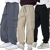 LIUNLU 3 Pack Boys Cargo Joggers Pants Elastic Waist Casual Jogging Trousers Bottom for Kids 7-13 Years