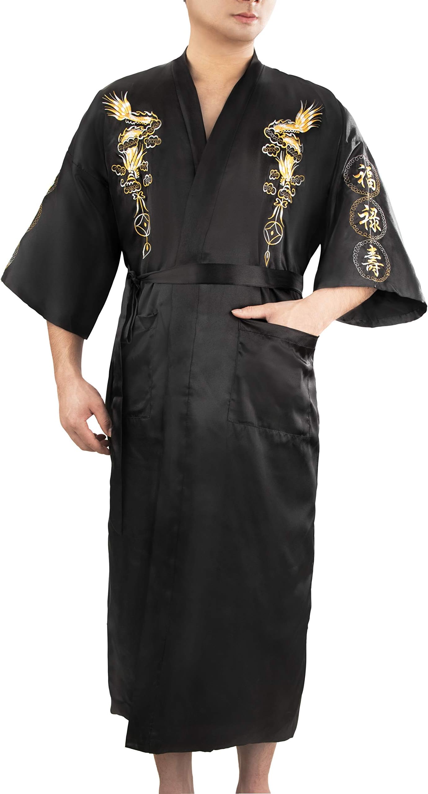 Bon amixyl Men’s Dressing Gown Bathrobe Satin Silk Bath Robe Kimono Gown Dragon Embroidery Yukata Hakma Vintage