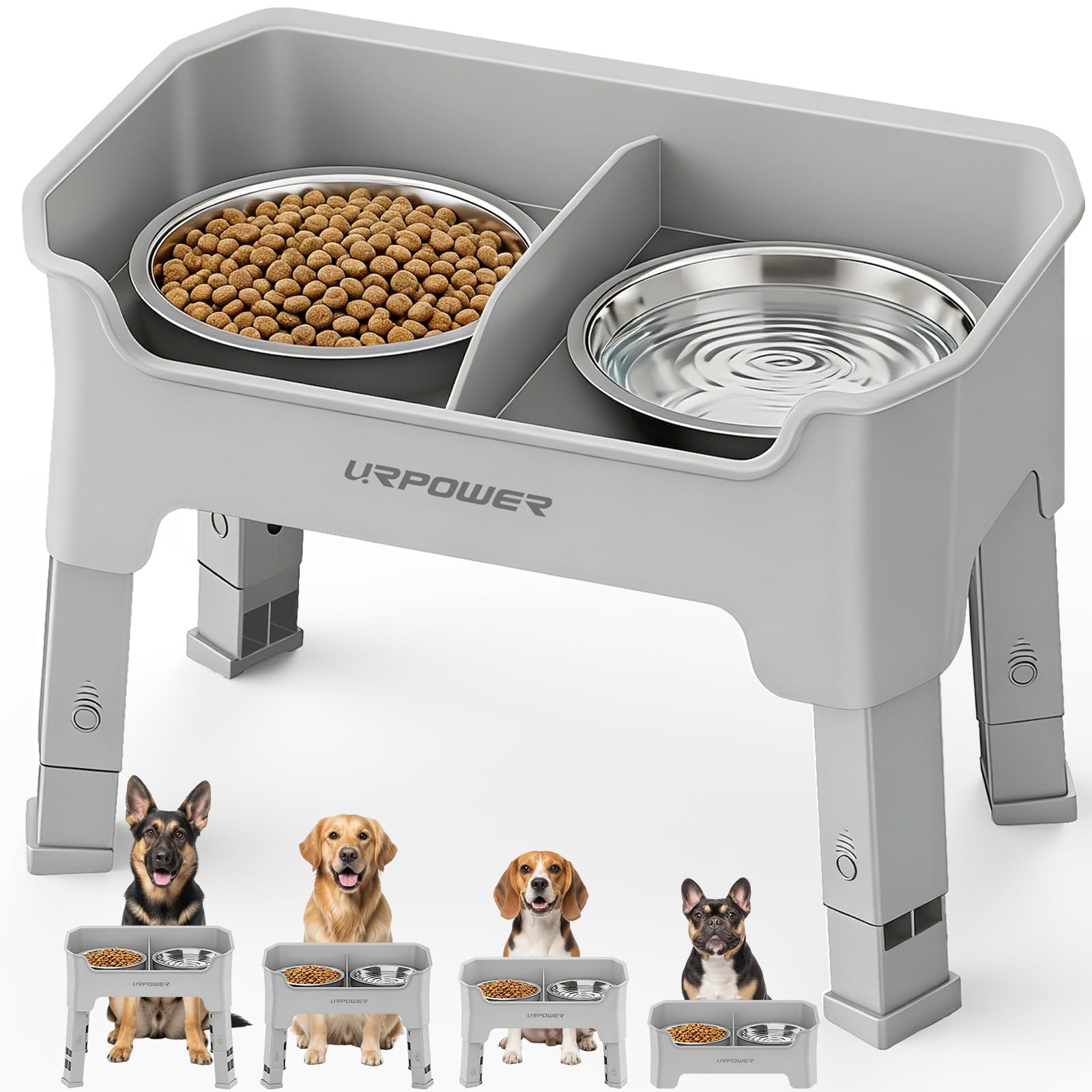 Photo 1 of URPOWER Mess Proof Elevated Dog Bowls, High Wall Splash Guard Design, 4 Height Adjustable Raised Bowl Stand, 2 Stainless Steel Bowls, Non-Slip Food Water Set for Small Medium Large Dogs