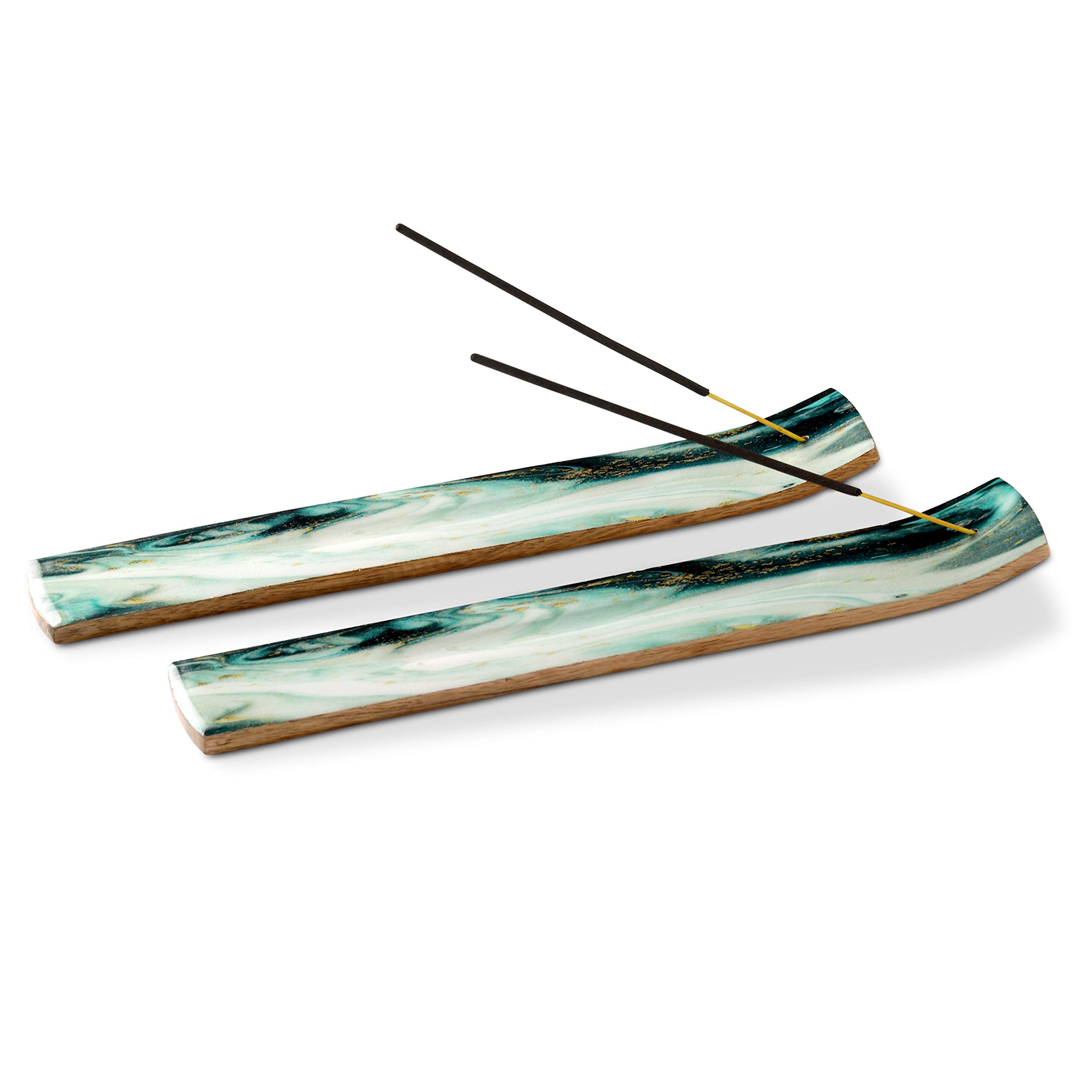 Folkulture Incense Holders or Incense Stick Holder, Incense Burner and Insencesticks Holder or Ash Catcher for Insense Sticks and Joss Sticks, Set of 2, Mango Wood, 25cms long, Green Agate