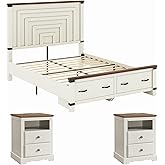 AMERLIFE Farmhouse Bedroom Furniture Set, Includes 2 Nightstands with Charging Station and 1 Queen Wood Platform Bed Frame with Storage Drawers, Farmhouse Furniture for Bedroom, Rustic White