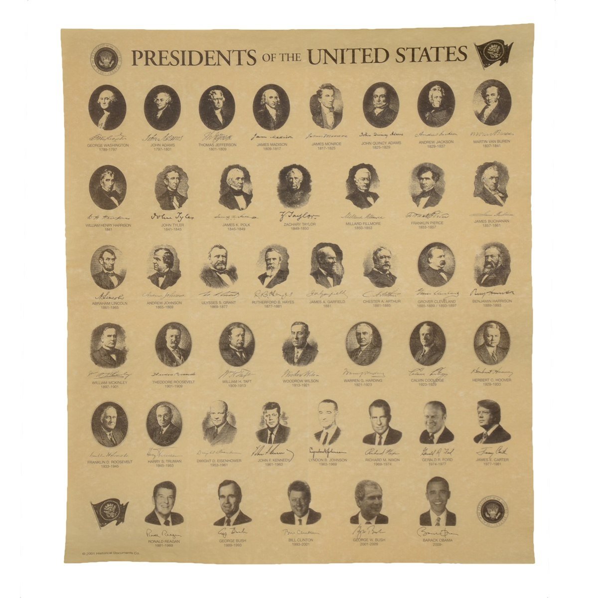 Presidents of the US on Antiqued Parchment Paper Historical Document Poster