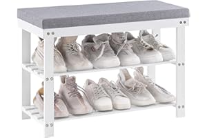 Apicizon 3-Tier Shoe Rack for Entryway, Bamboo Shoe Bench with Cushion Padded Seat, Small Shoe Organizer with Storage for Indoor Entrance Hallway Bedroom Living Room, White