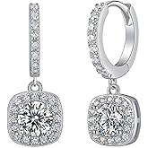 Moissanite Square Drop Dangle Earrings for Women, Hypoallergenic S925 Halo Hoop Earrings, Pierced Simulated Diamond Huggie Earrings, Elegant Fine Jewelry Gifts for Anniversary Birthday Bride Wedding